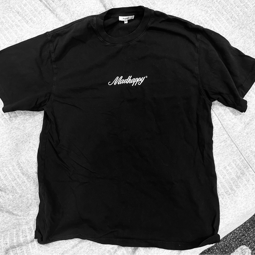 Madhappy unisex T shirt black with white cursive writing size medium